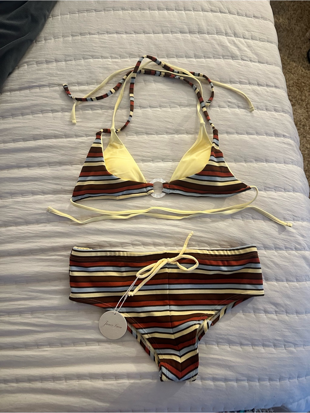 Janexswim Retro Striped Triangle Bikini Top In Yellow, Brown, Rust & Light Blue